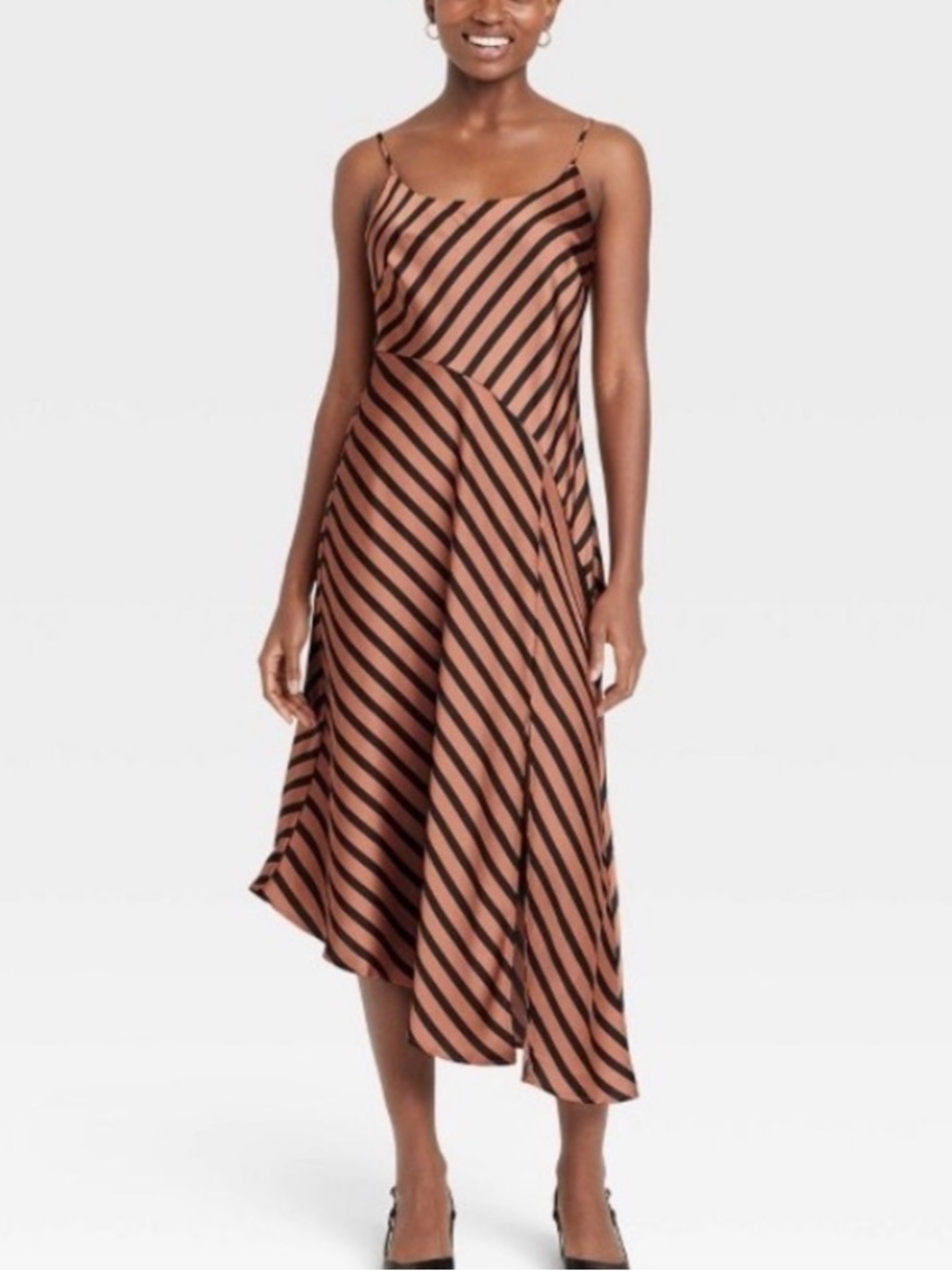 A new day black and brown striped midi asymmetrical dress NWT L